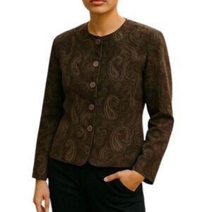 VINTAGE Bianca Nygard Velvet Collarless Blazer Brown Paisley Single Breast 12
